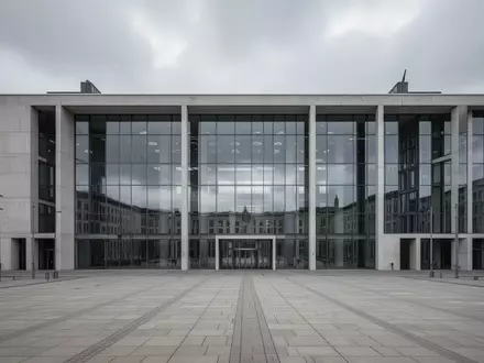 Das Bundeskanzleramt in Berlin bei bewölktem Himmel mit einer leeren Freifläche im Vordergrund. - Foto: über boerse-global.de