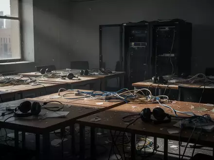 Verlassene Büroräume mit technischer Ausrüstung und Server-Infrastruktur nach einer Razzia gegen Cyberkriminalität. - Foto: über boerse-global.de