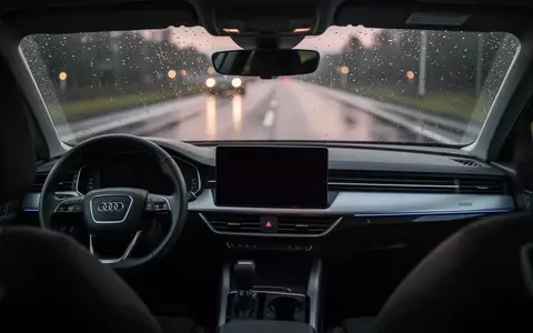Modernes Autocockpit mit dunklem Infotainment-Display und Blick auf eine regennasse Straße durch die Windschutzscheibe. - Foto: über boerse-global.de