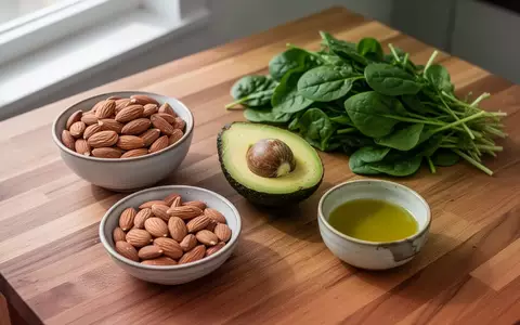 Eine Auswahl gesunder, unverarbeiteter Lebensmittel wie Avocado, Nüsse, Spinat und Olivenöl auf einem Holztisch. - Foto: über boerse-global.de