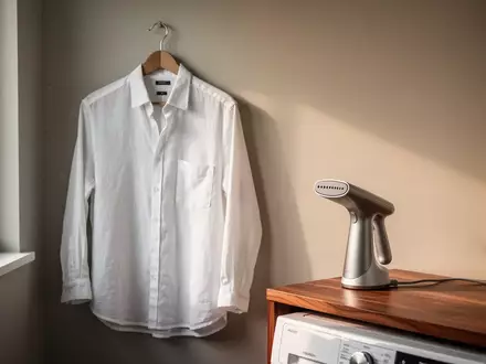 Ein hängendes weißes Leinenhemd und ein kompakter Dampfglätter in einem minimalistisch eingerichteten, hellen Raum. - Foto: über boerse-global.de