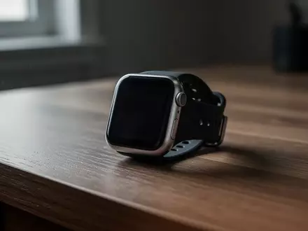 Eine moderne Smartwatch liegt auf einem dunklen Holztisch in weichem, natürlichem Licht. - Foto: über boerse-global.de