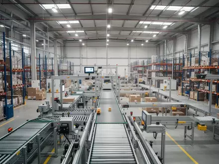 Moderne, automatisierte Produktionslogistik in einer Industriehalle mit Regalsystemen und Förderbändern. - Foto: über boerse-global.de