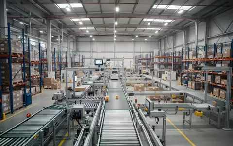 Moderne, automatisierte Produktionslogistik in einer Industriehalle mit Regalsystemen und Förderbändern. - Foto: über boerse-global.de