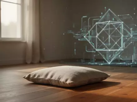 Ein minimalistischer Meditationsraum mit einem Sitzkissen auf einem Holzboden, beleuchtet durch sanftes, natürliches Licht. - Foto: über boerse-global.de