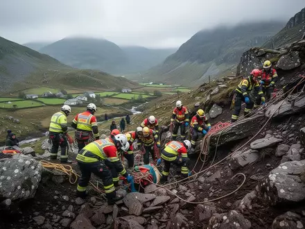 Rettungskräfte bei einem Einsatz in unwegsamem, bergigem Gelände während einer Notfallübung. - Foto: über boerse-global.de