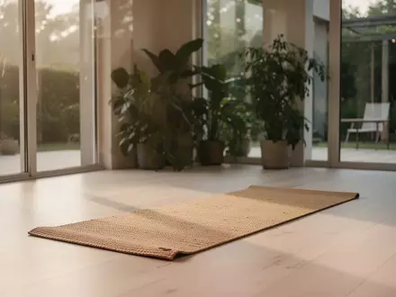 Ein minimalistisch eingerichteter Yogaraum mit einer einzelnen Yogamatte in hellem Tageslicht und Blick in einen Garten. - Foto: über boerse-global.de