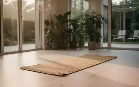 Ein minimalistisch eingerichteter Yogaraum mit einer einzelnen Yogamatte in hellem Tageslicht und Blick in einen Garten. - Foto: über boerse-global.de