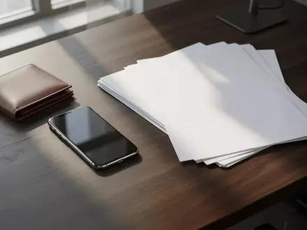 Ein dunkler Schreibtisch mit einem Smartphone mit schwarzem Bildschirm, einer Geldbörse und leeren Papierdokumenten. - Foto: über boerse-global.de
