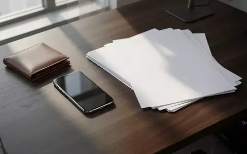 Ein dunkler Schreibtisch mit einem Smartphone mit schwarzem Bildschirm, einer Geldbörse und leeren Papierdokumenten. - Foto: über boerse-global.de