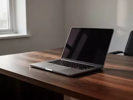 Ein moderner, minimalistischer Arbeitsplatz mit einem Laptop auf einem Schreibtisch bei natürlichem Licht. - Foto: über boerse-global.de