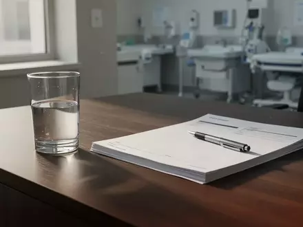 Ein minimalistischer Schreibtisch mit leeren Formularen, einem Glas Wasser und einem Stift in natürlichem Licht. - Foto: über boerse-global.de