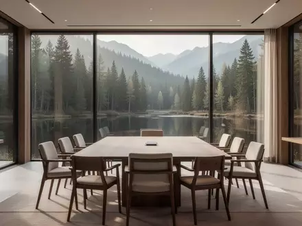 Ein moderner, leerer Konferenzraum in einer ruhigen Bergumgebung mit Blick auf einen Wald durch große Fensterfronten. - Foto: über boerse-global.de