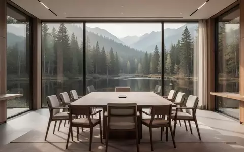 Ein moderner, leerer Konferenzraum in einer ruhigen Bergumgebung mit Blick auf einen Wald durch große Fensterfronten. - Foto: über boerse-global.de