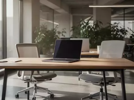 Ein moderner, aufgeräumter Büroarbeitsplatz mit einem Laptop auf einem Holztisch in einer hellen, professionellen Umgebung. - Foto: über boerse-global.de