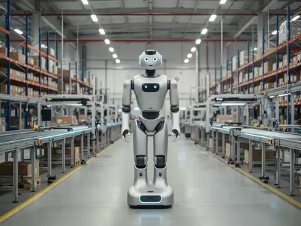 Ein fortschrittlicher humanoider Roboter steht in einem modernen, hellen Logistiklagerhaus in Europa. - Foto: über boerse-global.de