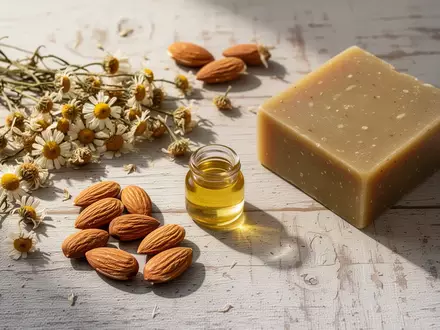 Natürliche Inhaltsstoffe wie Kamillenblüten, Mandeln und ein Stück handgefertigte Naturseife auf einer Holzoberfläche. - Foto: über boerse-global.de