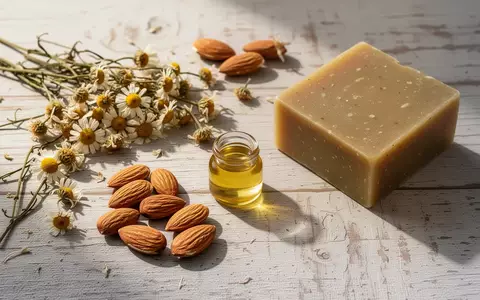 Natürliche Inhaltsstoffe wie Kamillenblüten, Mandeln und ein Stück handgefertigte Naturseife auf einer Holzoberfläche. - Foto: über boerse-global.de