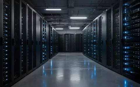 Dunkler Serverraum mit leuchtenden blauen Status-LEDs an modernen Server-Racks in einer Industrieumgebung. - Foto: über boerse-global.de