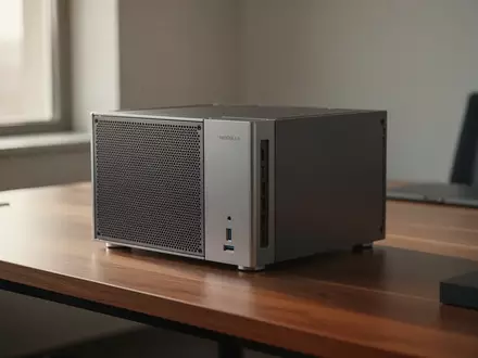 Ein minimalistischer, modularer Mini-PC auf einem modernen Schreibtisch in einer hellen Büroumgebung. - Foto: über boerse-global.de