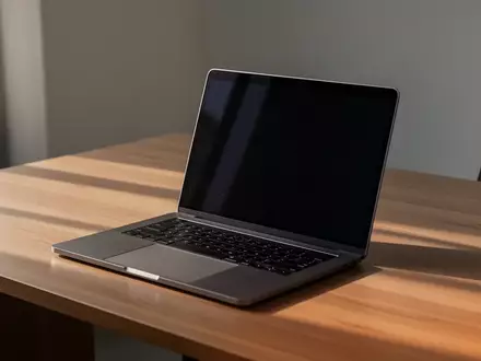 Ein moderner, minimalistischer Arbeitsplatz mit einem Laptop mit dunklem Bildschirm auf einem Holztisch. - Foto: über boerse-global.de