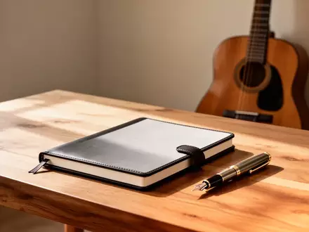 Ein minimalistischer Schreibtisch mit einem leeren Notizbuch und einer Akustikgitarre im Hintergrund in einem hellen Studio. - Foto: über boerse-global.de