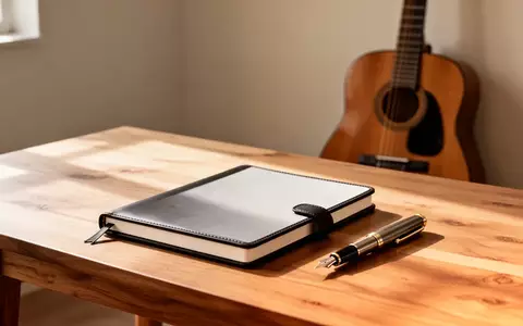 Ein minimalistischer Schreibtisch mit einem leeren Notizbuch und einer Akustikgitarre im Hintergrund in einem hellen Studio. - Foto: über boerse-global.de