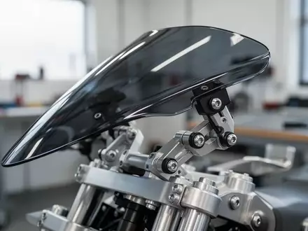 Nahaufnahme einer verstellbaren Motorrad-Windschutzscheibe mit Fokus auf die aerodynamische Konstruktion und Gelenkmechanik - Foto: über boerse-global.de