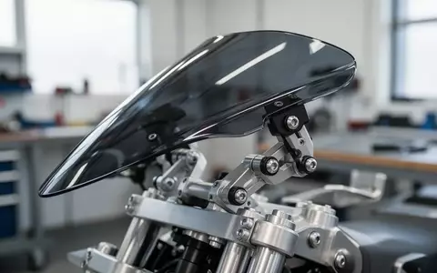 Nahaufnahme einer verstellbaren Motorrad-Windschutzscheibe mit Fokus auf die aerodynamische Konstruktion und Gelenkmechanik - Foto: über boerse-global.de
