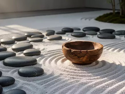 Minimalistischer Zen-Garten mit glatten Kieselsteinen und geharktem Sand in weichem Tageslicht. - Foto: über boerse-global.de