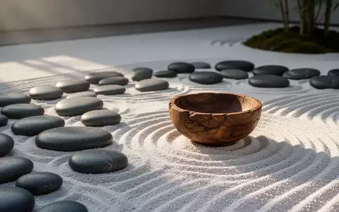 Minimalistischer Zen-Garten mit glatten Kieselsteinen und geharktem Sand in weichem Tageslicht. - Foto: über boerse-global.de