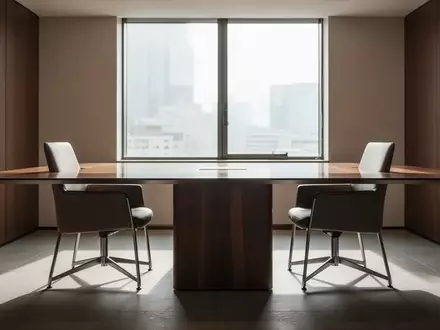 Ein minimalistischer Konferenzraum mit zwei leeren Stühlen an einem Holztisch bei natürlichem Tageslicht. - Foto: über boerse-global.de