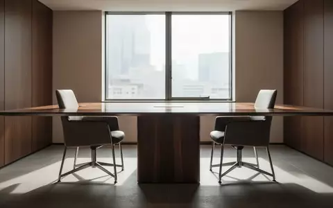 Ein minimalistischer Konferenzraum mit zwei leeren Stühlen an einem Holztisch bei natürlichem Tageslicht. - Foto: über boerse-global.de