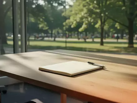 Ein aufgeräumter Schreibtisch mit einem Notizbuch in einem sonnendurchfluteten Büro mit Blick ins Grüne. - Foto: über boerse-global.de