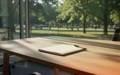Ein aufgeräumter Schreibtisch mit einem Notizbuch in einem sonnendurchfluteten Büro mit Blick ins Grüne. - Foto: über boerse-global.de