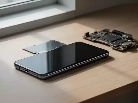 Ein Smartphone liegt auf einem Holztisch neben elektronischen Bauteilen, beleuchtet durch weiches Tageslicht. - Foto: über boerse-global.de