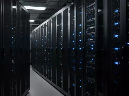 Moderne Serveranlage in einem dunklen Rechenzentrum mit leuchtenden Statusanzeigen. - Foto: über boerse-global.de