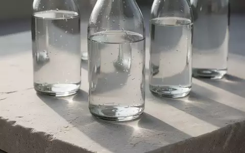 Mehrere klare Glasflaschen mit Mineralwasser auf einer hellen Steinfläche im natürlichen Licht. - Foto: über boerse-global.de