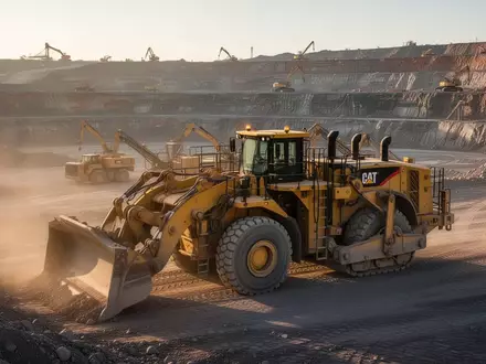Eine große gelbe Baumaschine von Caterpillar steht in einer weitläufigen Tagebau-Landschaft bei Sonnenuntergang. - Foto: über boerse-global.de