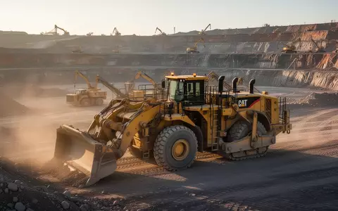 Eine große gelbe Baumaschine von Caterpillar steht in einer weitläufigen Tagebau-Landschaft bei Sonnenuntergang. - Foto: über boerse-global.de