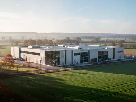 Eine moderne, hochmoderne Industrieanlage in der Nähe von Leipzig vor einer weitläufigen Landschaft bei Morgenlicht. - Foto: über boerse-global.de
