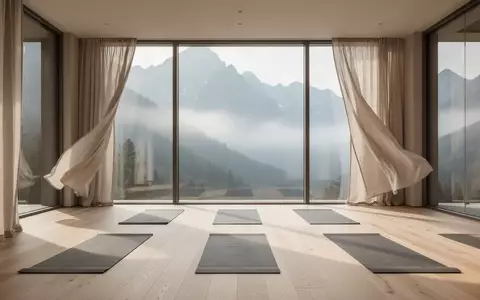 Minimalistischer Yoga-Raum in einem Wellness-Hotel mit Blick auf eine Berglandschaft und ordentlich ausgelegten Yoga-Matten. - Foto: über boerse-global.de