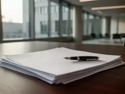 Ein Schreibtisch in einem modernen Regierungsgebäude mit einem Stapel Papier und einem Füllfederhalter bei Tageslicht. - Foto: über boerse-global.de