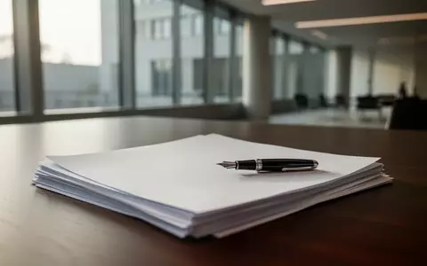 Ein Schreibtisch in einem modernen Regierungsgebäude mit einem Stapel Papier und einem Füllfederhalter bei Tageslicht. - Foto: über boerse-global.de