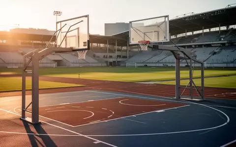 Ein leerer, moderner Sportplatz mit einem Basketballkorb und einer Laufbahn bei Sonnenuntergang. - Foto: über boerse-global.de