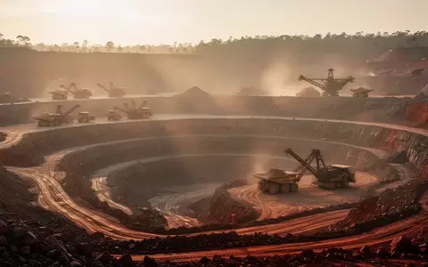 Weitläufiger Tagebau einer Kupfermine in der Dämmerung mit schweren Maschinen in der Ferne. - Foto: über boerse-global.de