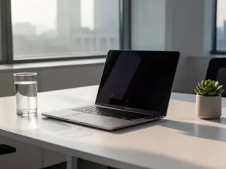Ein minimalistischer, moderner Büroarbeitsplatz mit einem geschlossenen Laptop auf einem hellen Schreibtisch. - Foto: über boerse-global.de