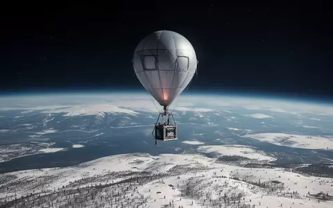 Ein Wetterballon steigt vor dem Hintergrund der Erdkrümmung in die Stratosphäre über einer verschneiten Landschaft auf. - Foto: über boerse-global.de