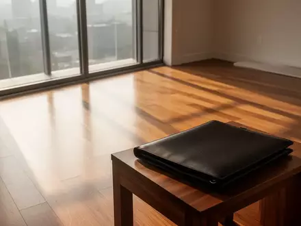 Ein minimalistischer, leerer Raum mit Holzboden und Lichteinfall, in dem eine geschlossene Dokumentenmappe auf einem Tisch liegt. - Foto: über boerse-global.de