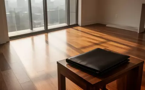 Ein minimalistischer, leerer Raum mit Holzboden und Lichteinfall, in dem eine geschlossene Dokumentenmappe auf einem Tisch liegt. - Foto: über boerse-global.de